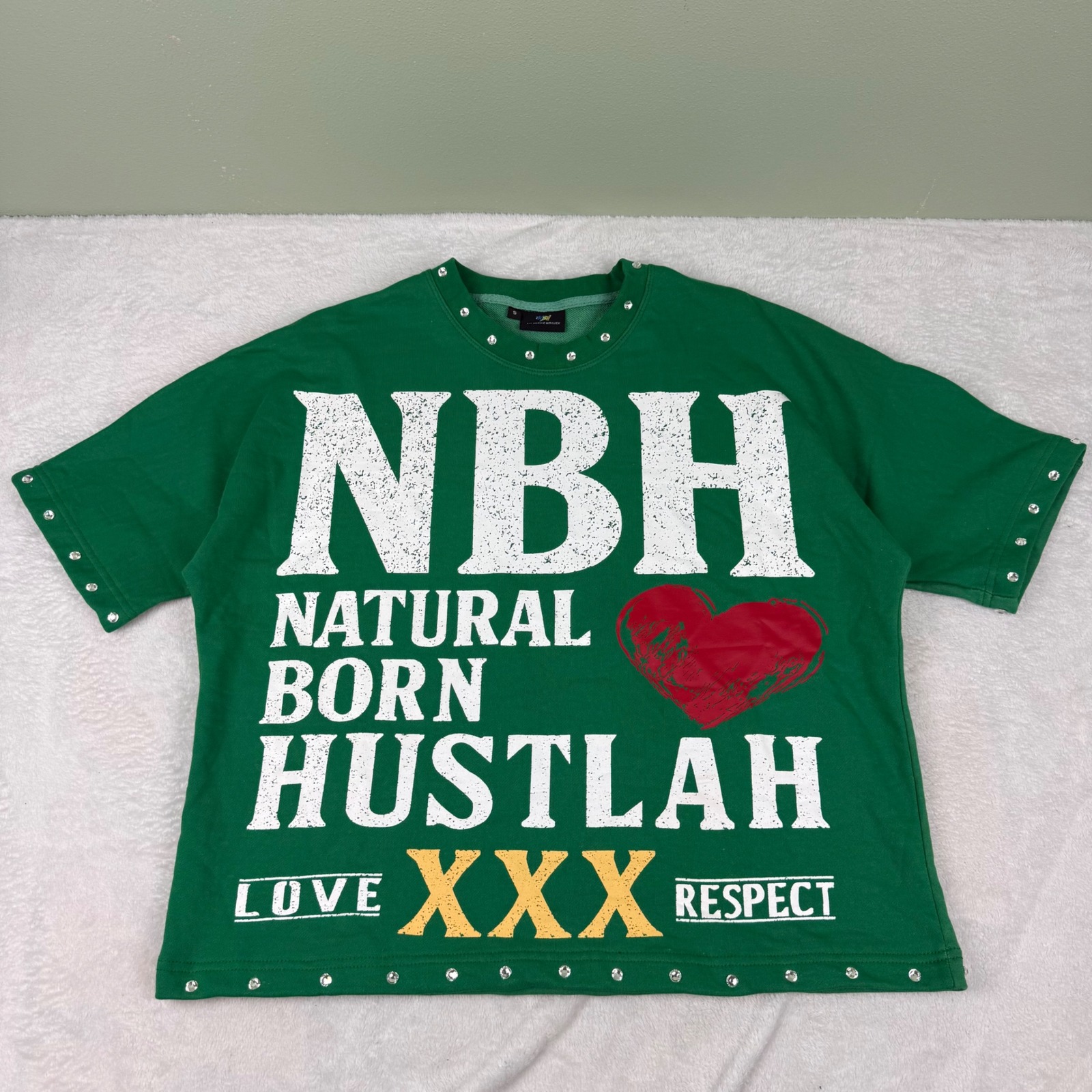 Nbh All Hustle No Luck Natural Born Hustlah Green Rhinestone Studded Shirt Small